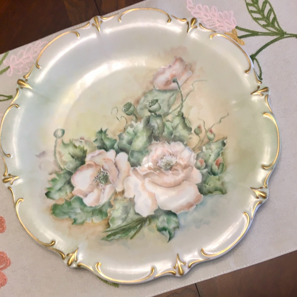*SOLD* Painted Vintage Plate With Peach Roses And Gold Accents